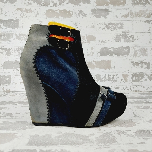 Restricted Blue & Black High Heel Patchwork Wedge Buckle Booties C623 - Picture 5 of 14